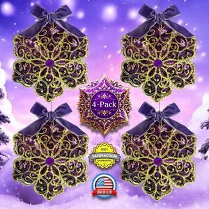 4-Pack Elegant Filigree Gold & Purple Faux Mercury Glass Snowflake Ornaments